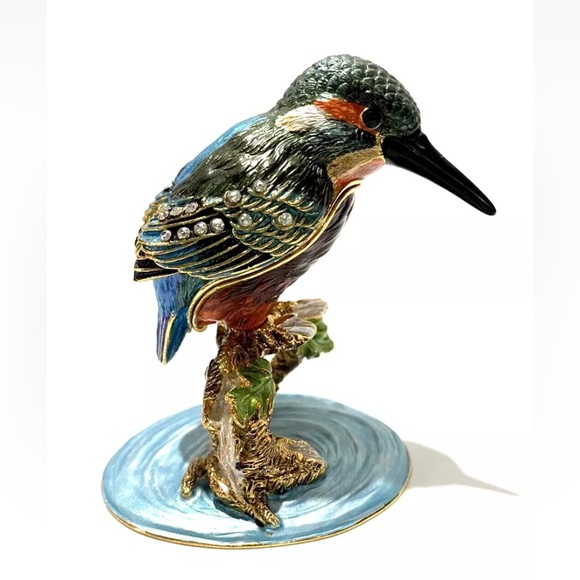 Unbranded Other - Kingfisher Bird Bejeweled Enameled Hummingbird Trinket Box Hinged Magnetic